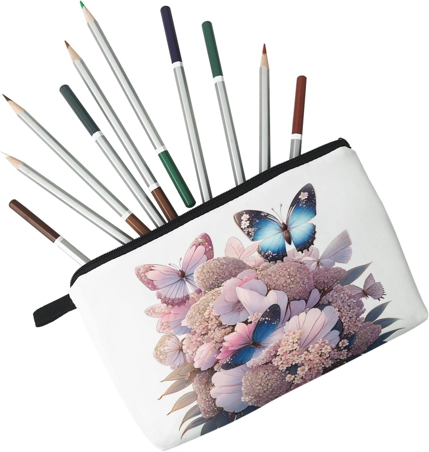 Butterfly Pink Floral Cosmetic Bag Cute Small Makeup Organizer Pouch with Zipper Butterfly Floral Hydrangea Toiletry Makeup Bag Aesthetic Presents for Butterfly Lovers Women