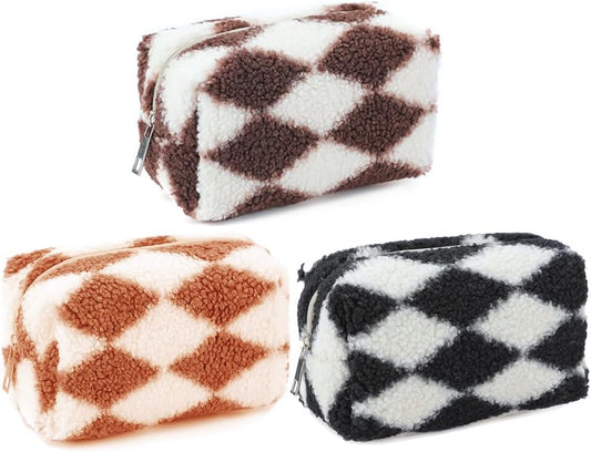 3Pcs Checkered Plush Makeup Bag Terry Cloth Cosmetic Bag Zipper Travel Toiletry Bag Organizer Soft Pencil Pouch Case Makeup Brushes Storage Bag for Women Girlsps
