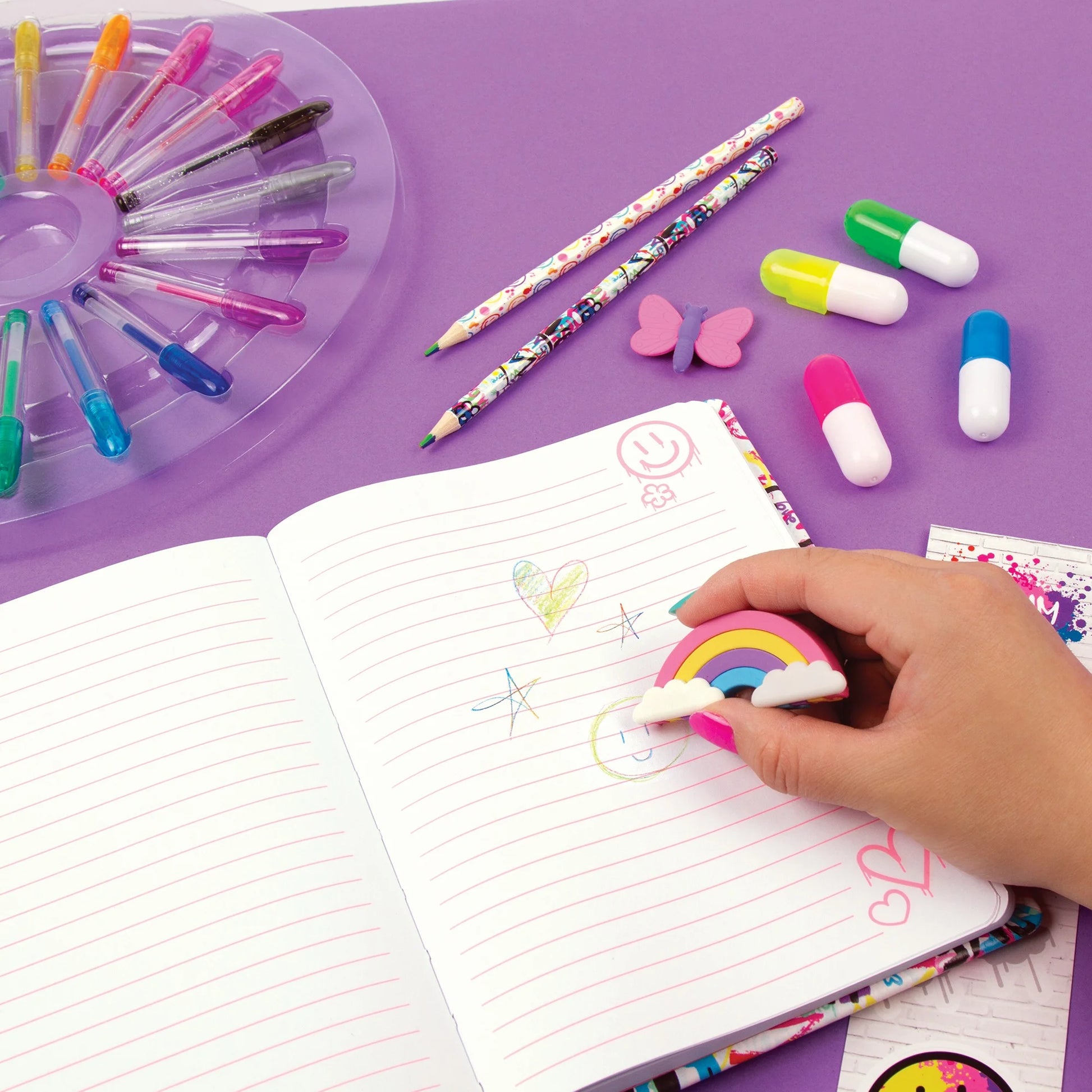 3C4G: Street Style 30 Piece Stationery Set - Includes 20 Mini Gel Pens, 2 Erasers, 2 Colored Pencils, 4 Highlighters & Sticker Sheet, Tweens & Girls 6+