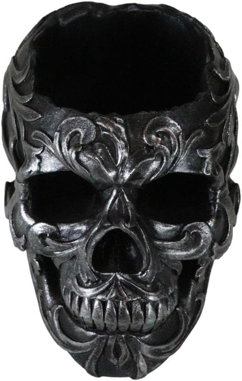 Set of 2 Tribal Tattoo Floral Skull Pen Holder Figurine 5.75" L Office Desktop Ossuary Skulls Decor Cranium Skeleton Head Stationery Holder as Halloween Macabre Graveyard Spooky Statue