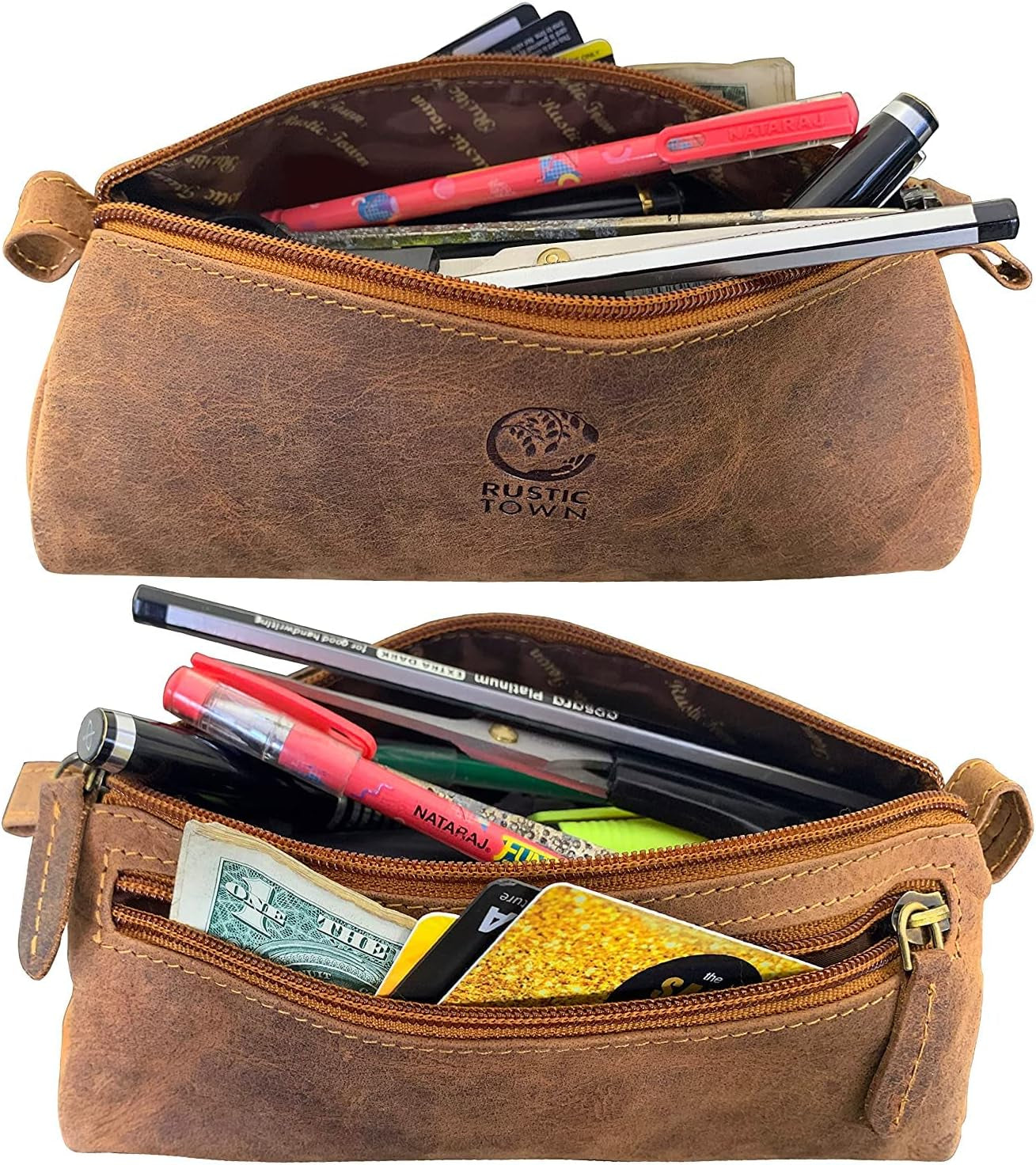 Leather Pencil Case - Full Grain Leather Zippered Pen Pouch - Stationery Bag Pen Holder for Work & Office