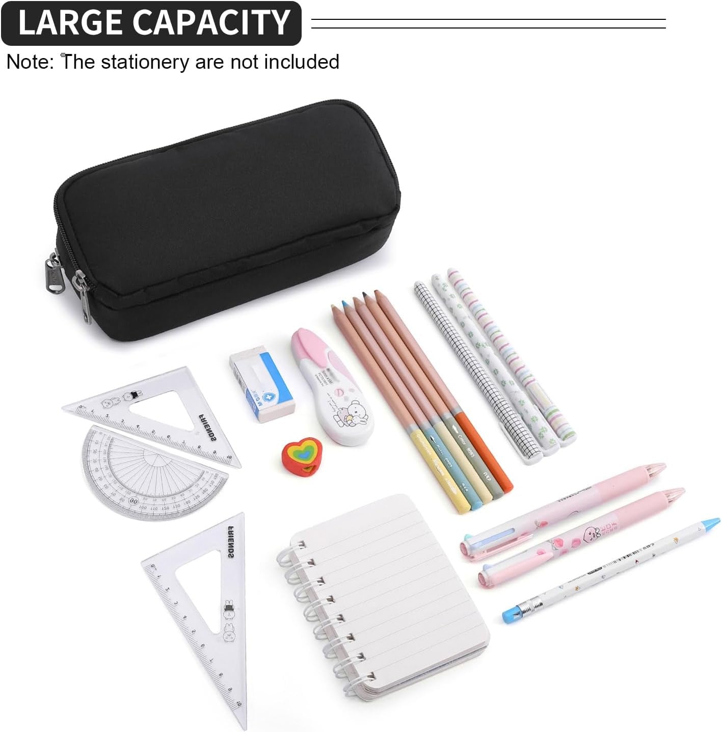 Pencil Case Large Capacity Pencil Pouch Aesthetic Pencil Box for Office Stationery Organizer, Simple Sturdy Multifunctional Pencil Bag for Men - Black