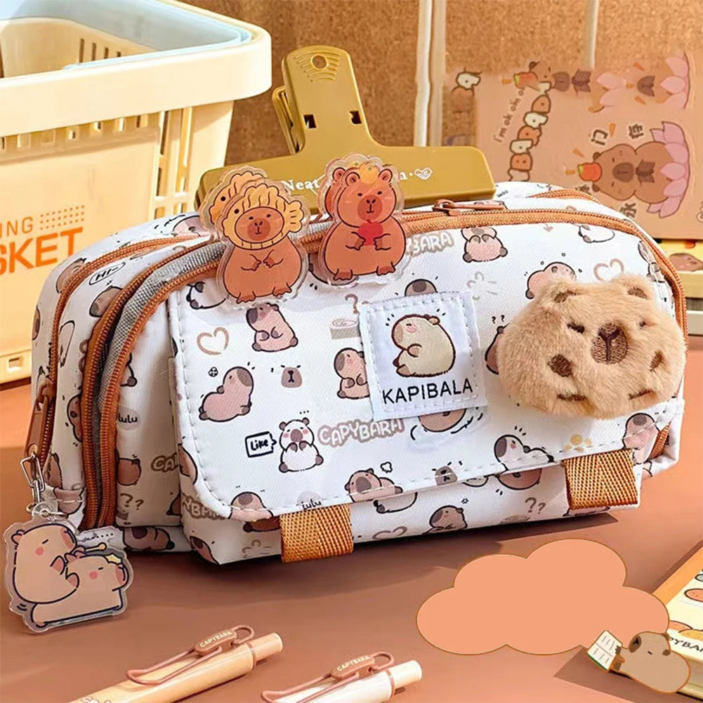 Cute Capybara Four-Layer Pen Bag Cartoon Large Capacity Pencil Case Stationery Organizer Storage Bag Students Stationeries