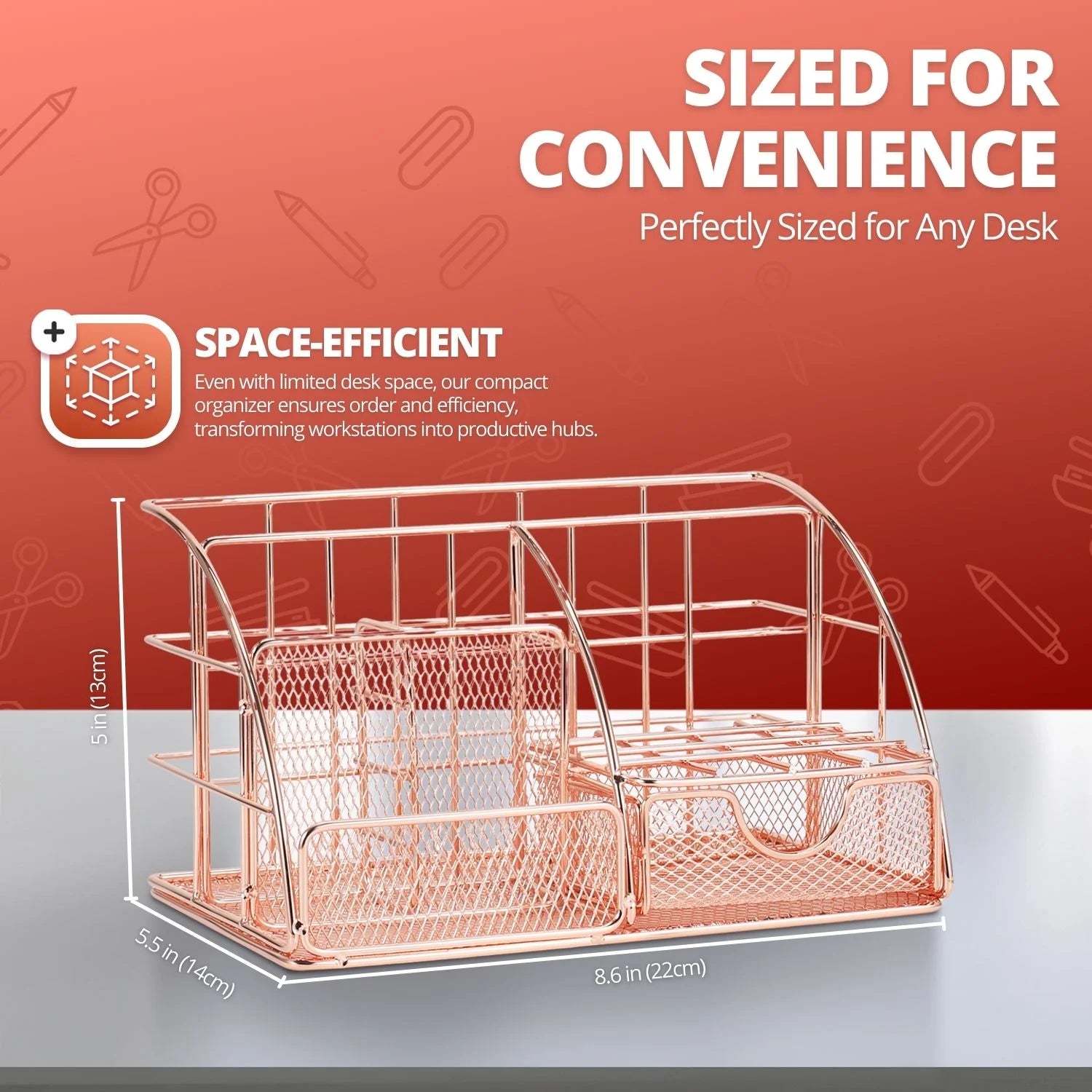 Metal Mesh Desktop Organizer with Drawer, Rose Gold