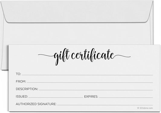 Simple White Blank Gift Certificates with Envelopes (Pack of 24) 4X9 Inches for Small Business, Holiday, Christmas Voucher, Spa, Salon - Minimalist Script - Made in USA