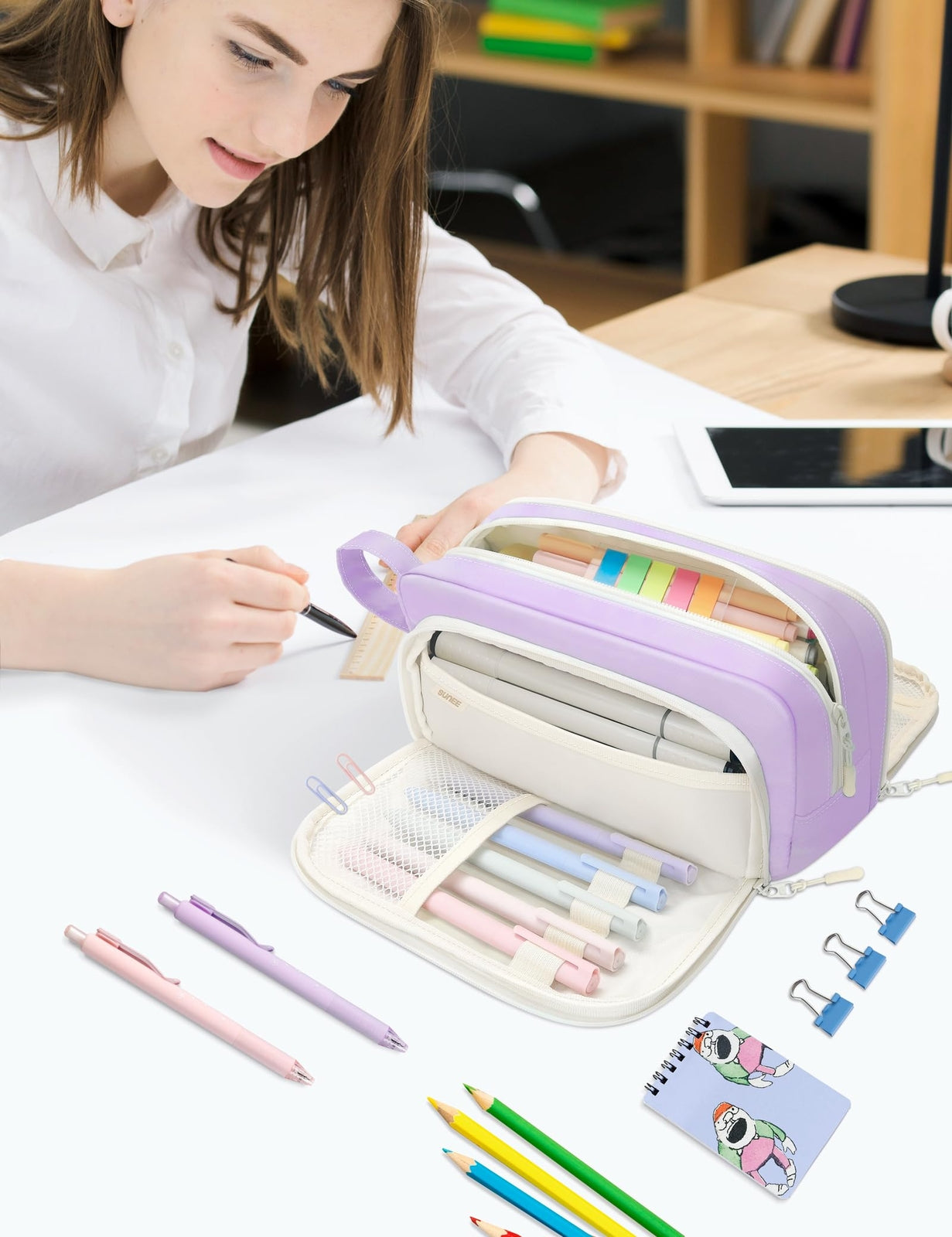 Cute Pencil Case, Aesthetic Pen Pouch with 3 Compartments, Kawaii Colored Lar...