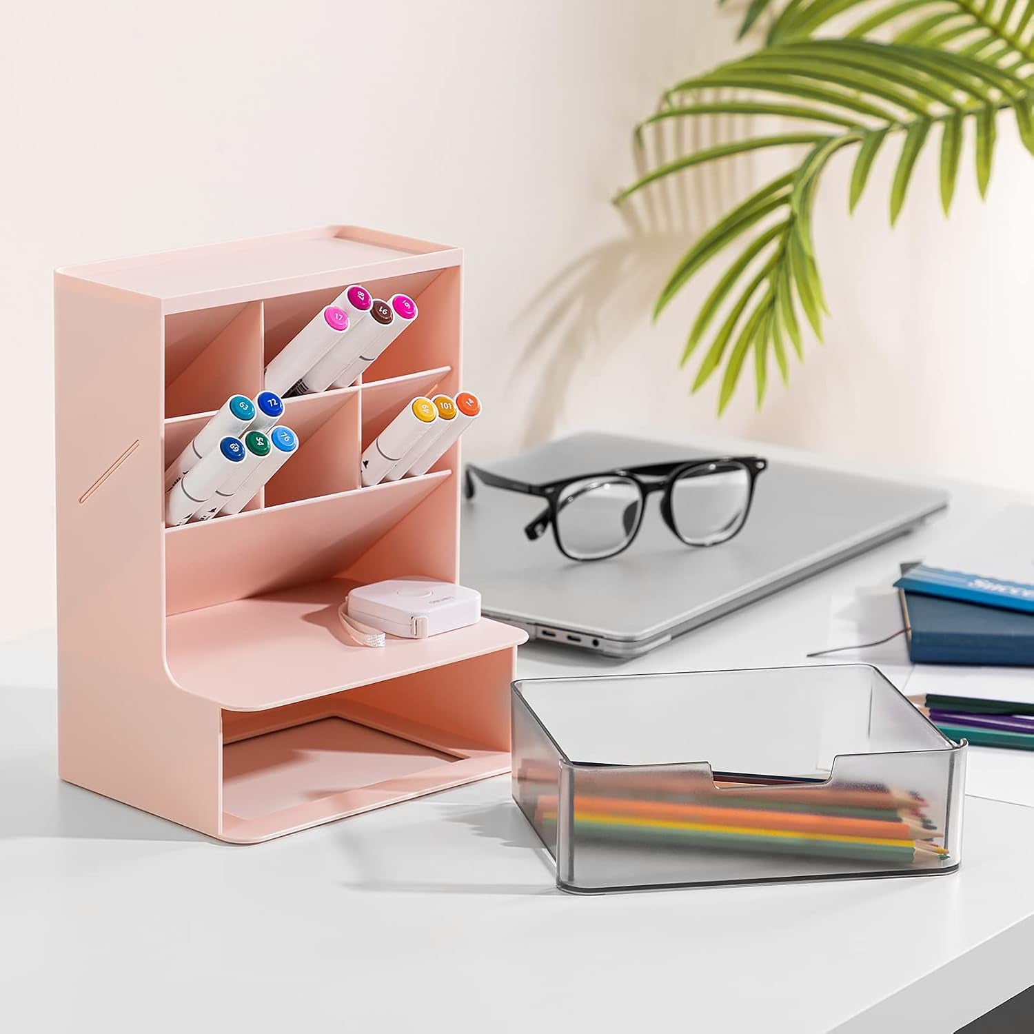 Multi-Functional Plastic Pen Organizer, Pen Holder for Desk, 2 Layer 6 Compartments Desktop Stationary Organizer, Big Capacity Pen Storage Rack for School Home Office Art Supplies