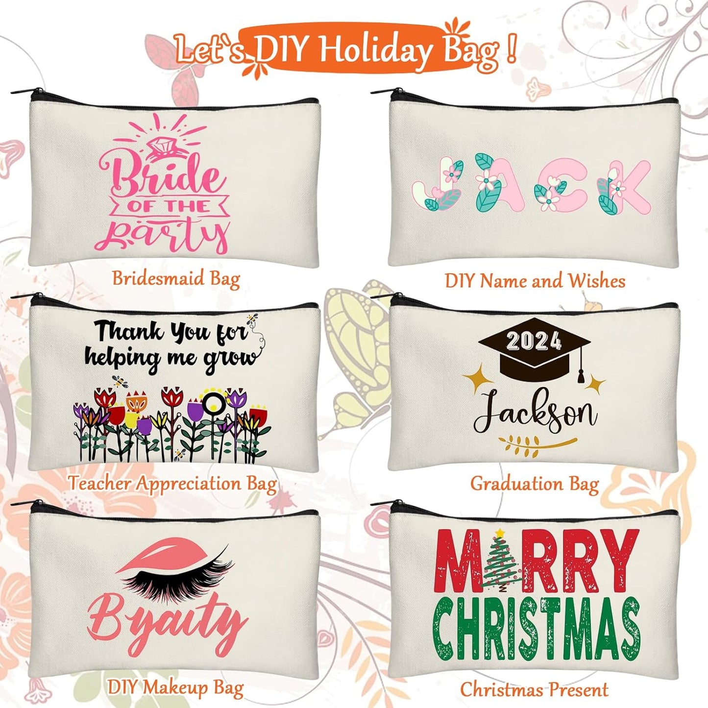 Blank DIY Craft Canvas Pencil Case - Makeup Pouch, Multi-Purpose Travel Toiletry Zipper Bag, Bulk Cosmetic Bags 8.3 5 Inch