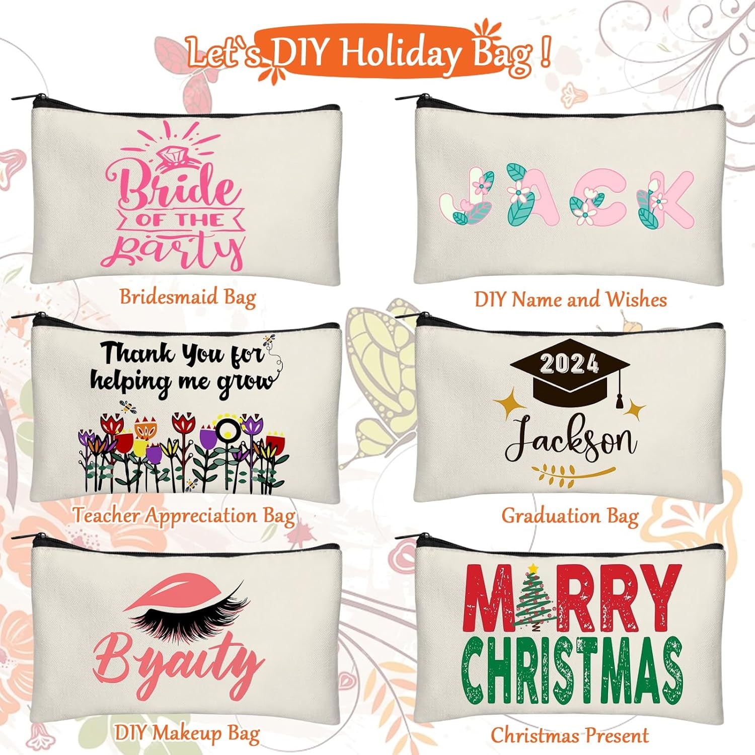 Blank DIY Craft Canvas Pencil Case - Makeup Pouch, Multi-Purpose Travel Toiletry Zipper Bag, Bulk Cosmetic Bags 8.3 5 Inch