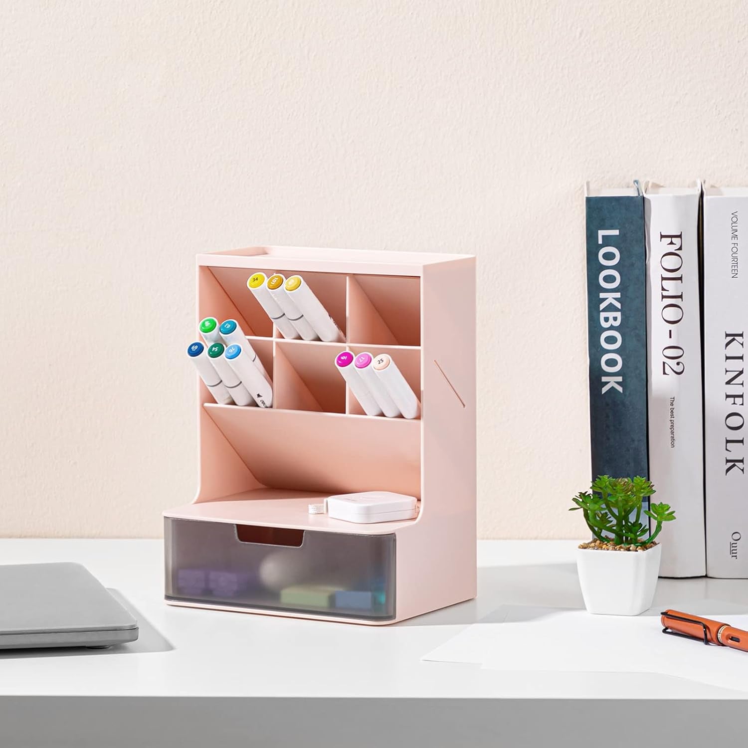 Multi-Functional Plastic Pen Organizer, Pen Holder for Desk, 2 Layer 6 Compartments Desktop Stationary Organizer, Big Capacity Pen Storage Rack for School Home Office Art Supplies