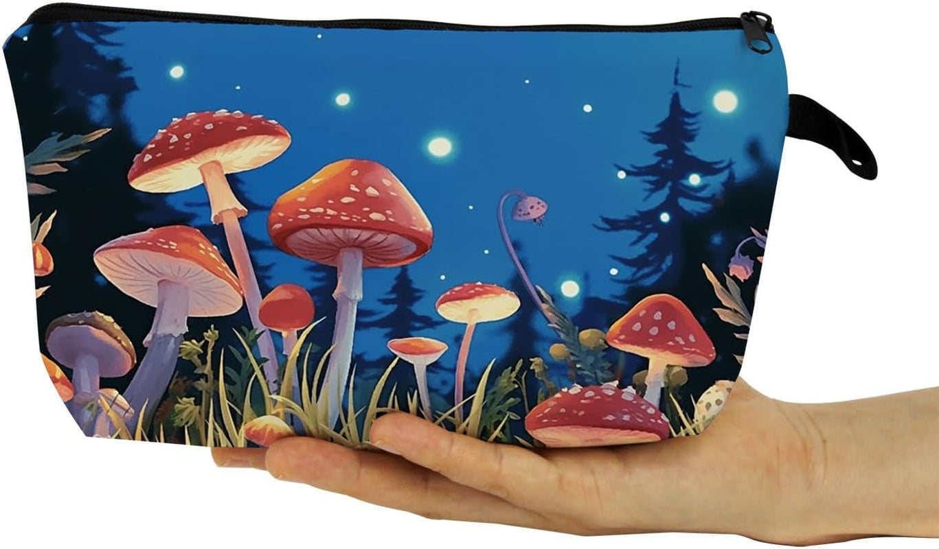 Fancy Mushroom Present Mushroom Makeup Bag Cute Small Organizer Bag with Zipper Night Red Mushroom Toiletry Cosmetic Bag Birthday Presents for Mushroom Lovers Women Friends