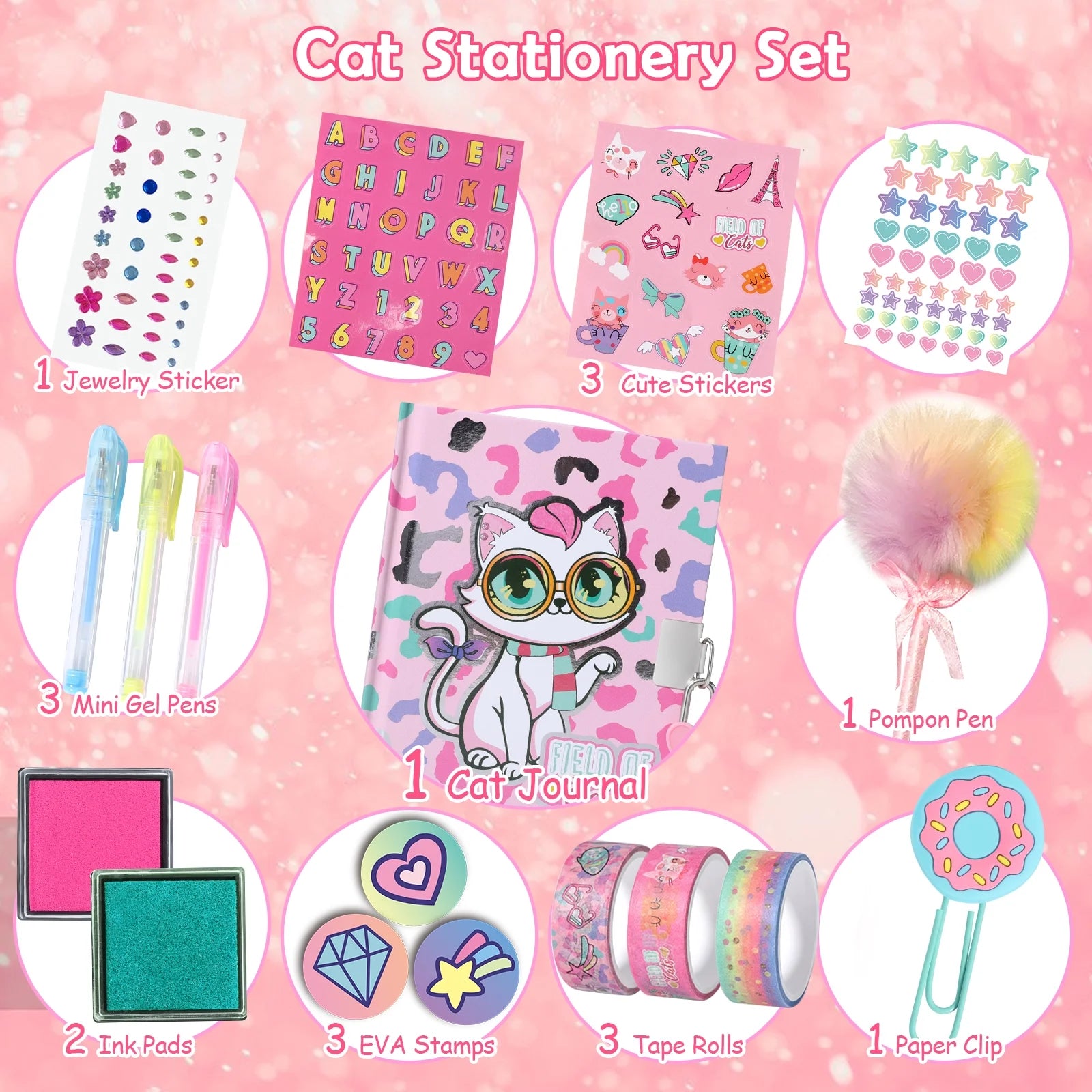 Cat Diary Set with Lock and Keys, Kitten Stationery Set with Stamps Stickers Pens Notebook Journal Kit Gift for Easter