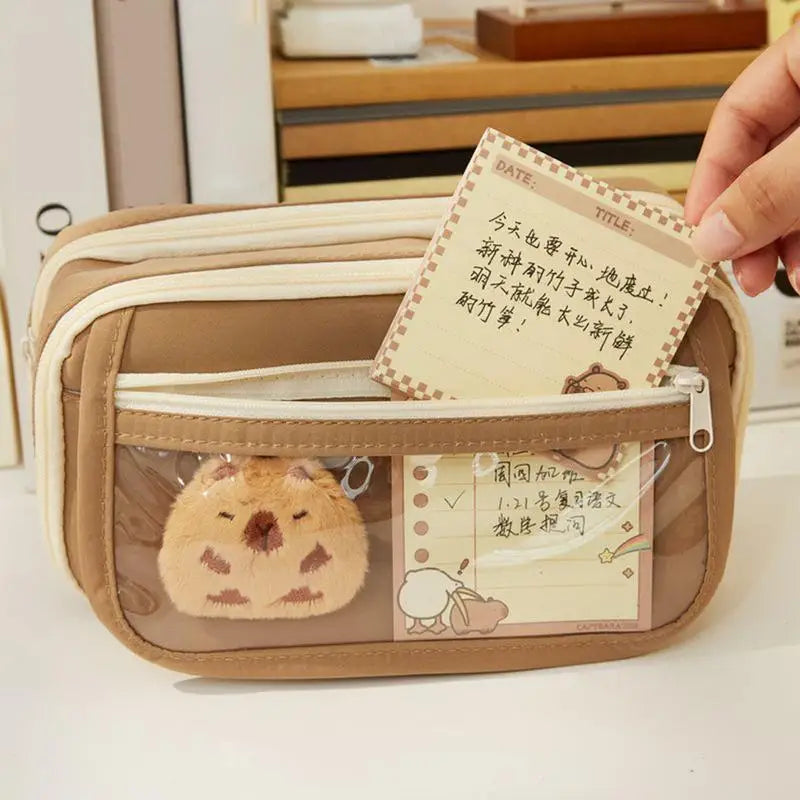 Large Capacity Pencil Case F-Lip Cover Stationery Pencil Bag Simple Capybara Stationery Storage Bag School Office Supplies