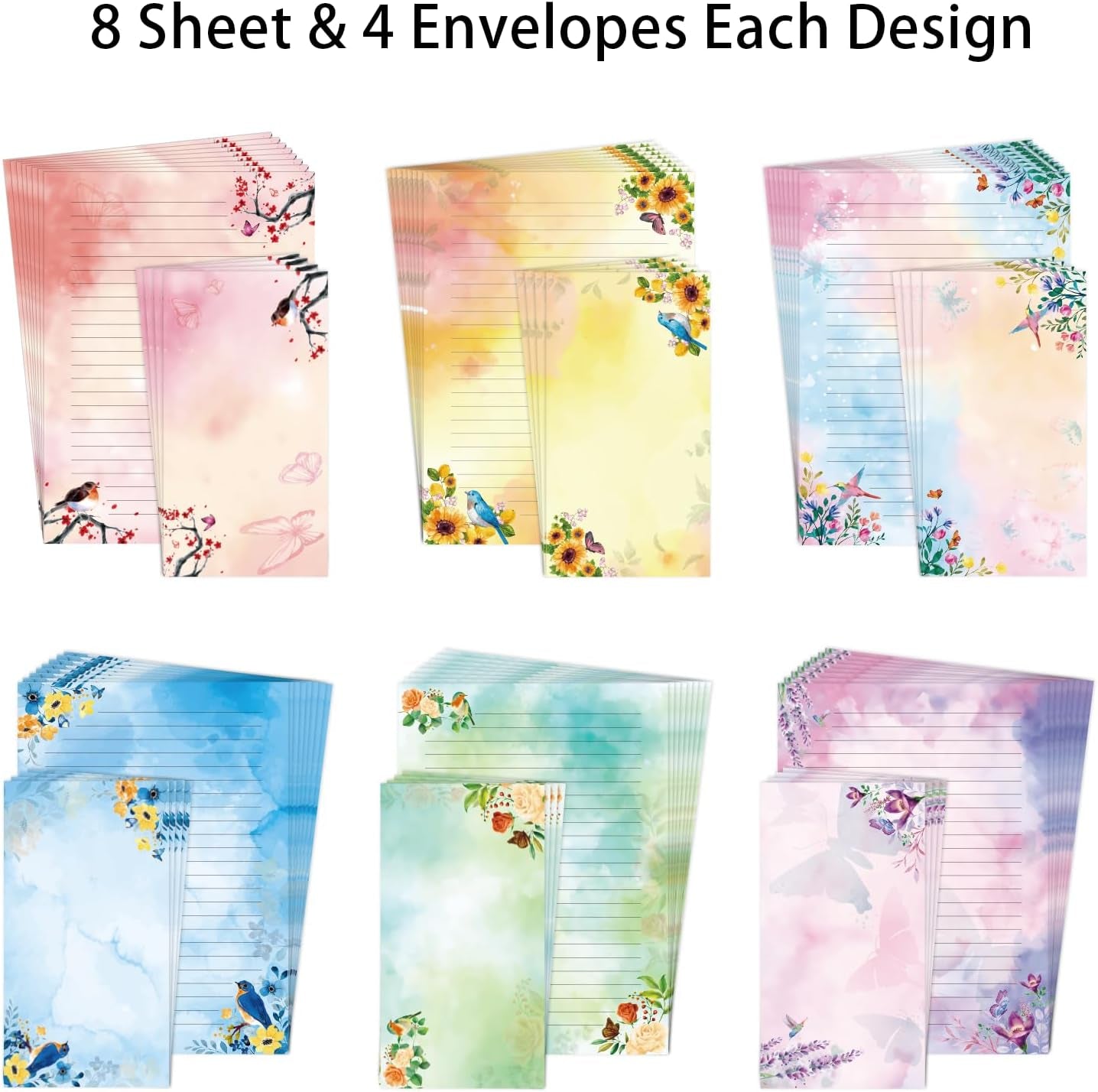 Lined Stationary Paper and Envelopes Set Floral Bird Watercolor Stationary Set W