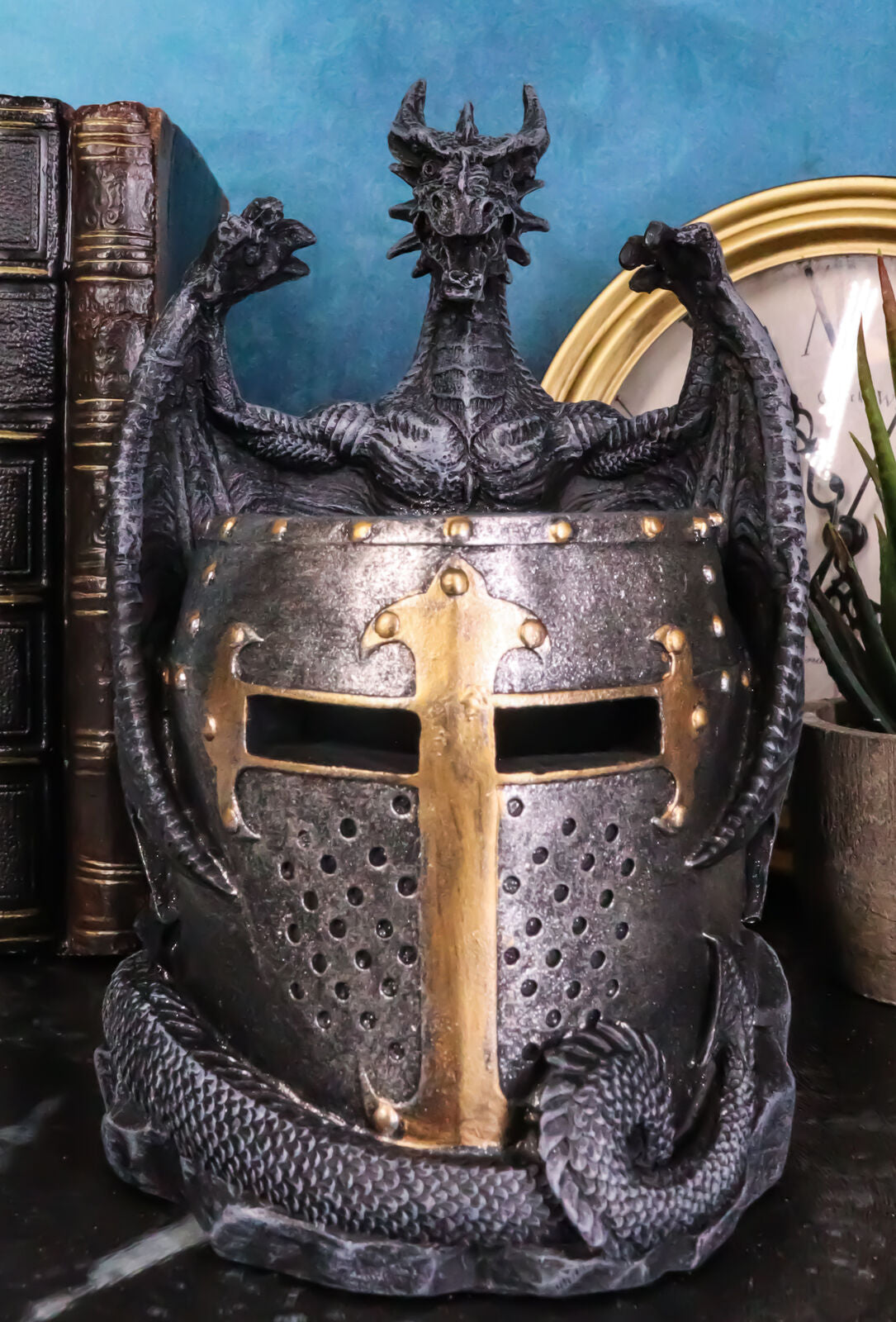 Dragon Statue with Warrior Helmet Desktop Utility Stationery Pencil Holder Organ