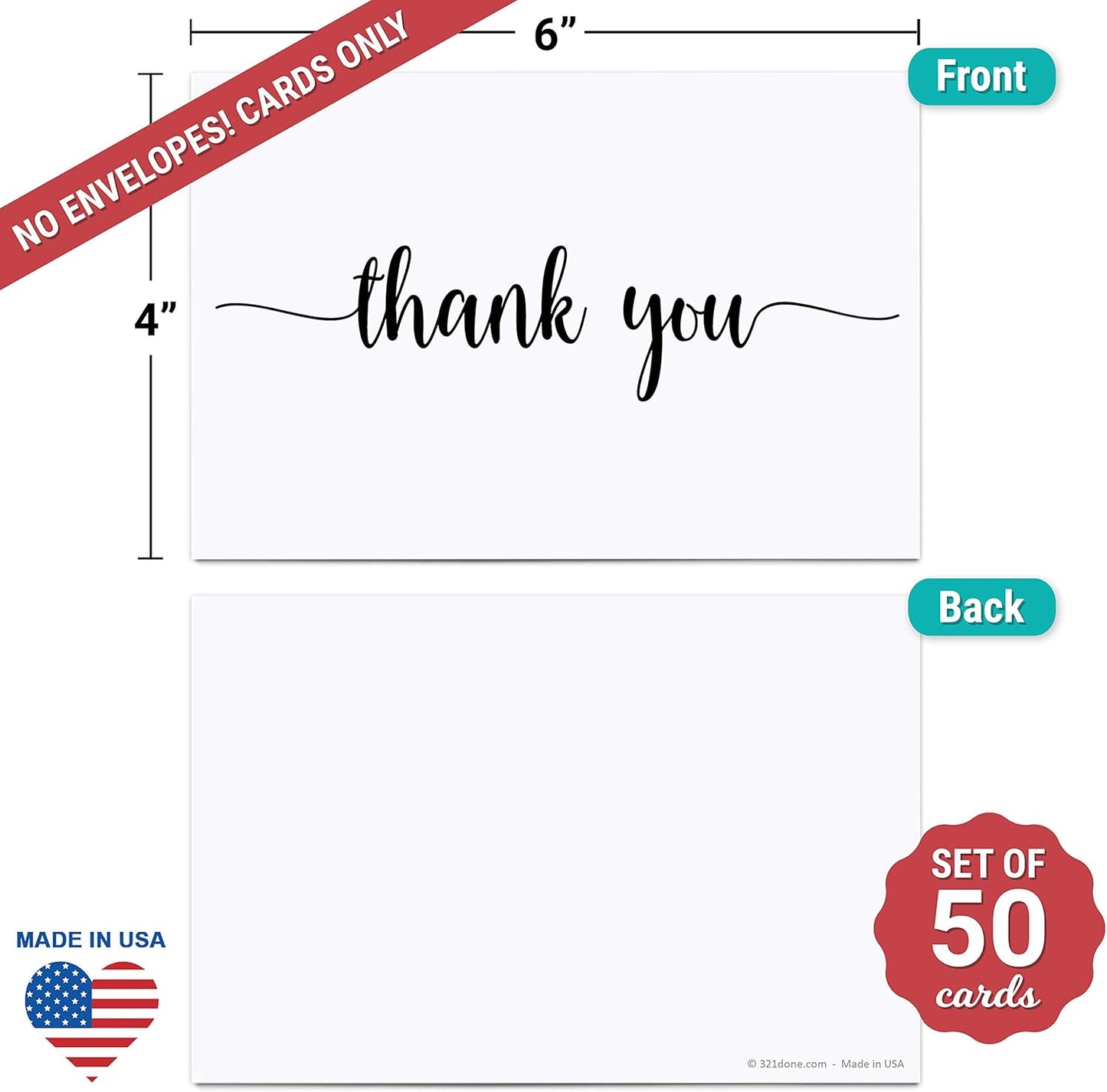 Thank You Note Cards (Set of 50) White, Large 4” X 6” Blank on Back - Made in USA, Cute Modern Script Thick Card Stock Perfect for Small Business Gift Notes Product Insert Thanks
