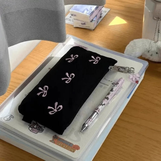 1PC Black Canvas Pen Bags Girl Heart Embroidered Bow Pencil Case Stationery Bag Cosmetics Storage Bag Pencil Case