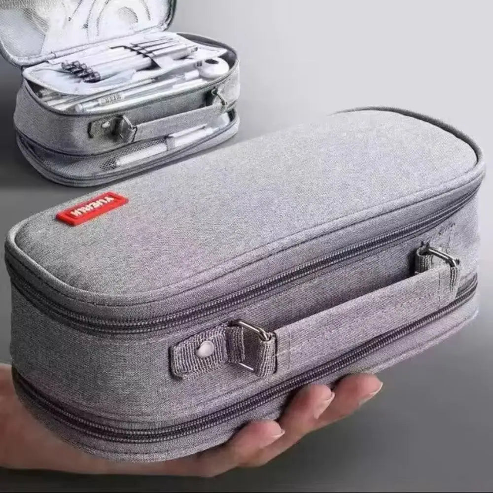 Portable Pen Storage Bag Large Capacity Durable Canvas Pencil Case 5 Layer Solid Color Student Stationery Boxes School Supplies