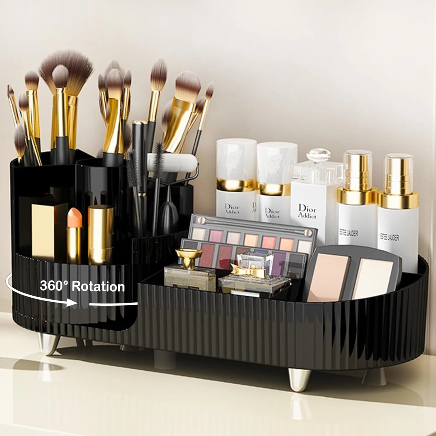 Makeup Organizer, Rotating Makeup Organizer for Vanity with Brush Holder, Cosmetic Organizer, Large Spinning Makeup Skincare Organizer for Perfume Jewellry Lipstick, Black