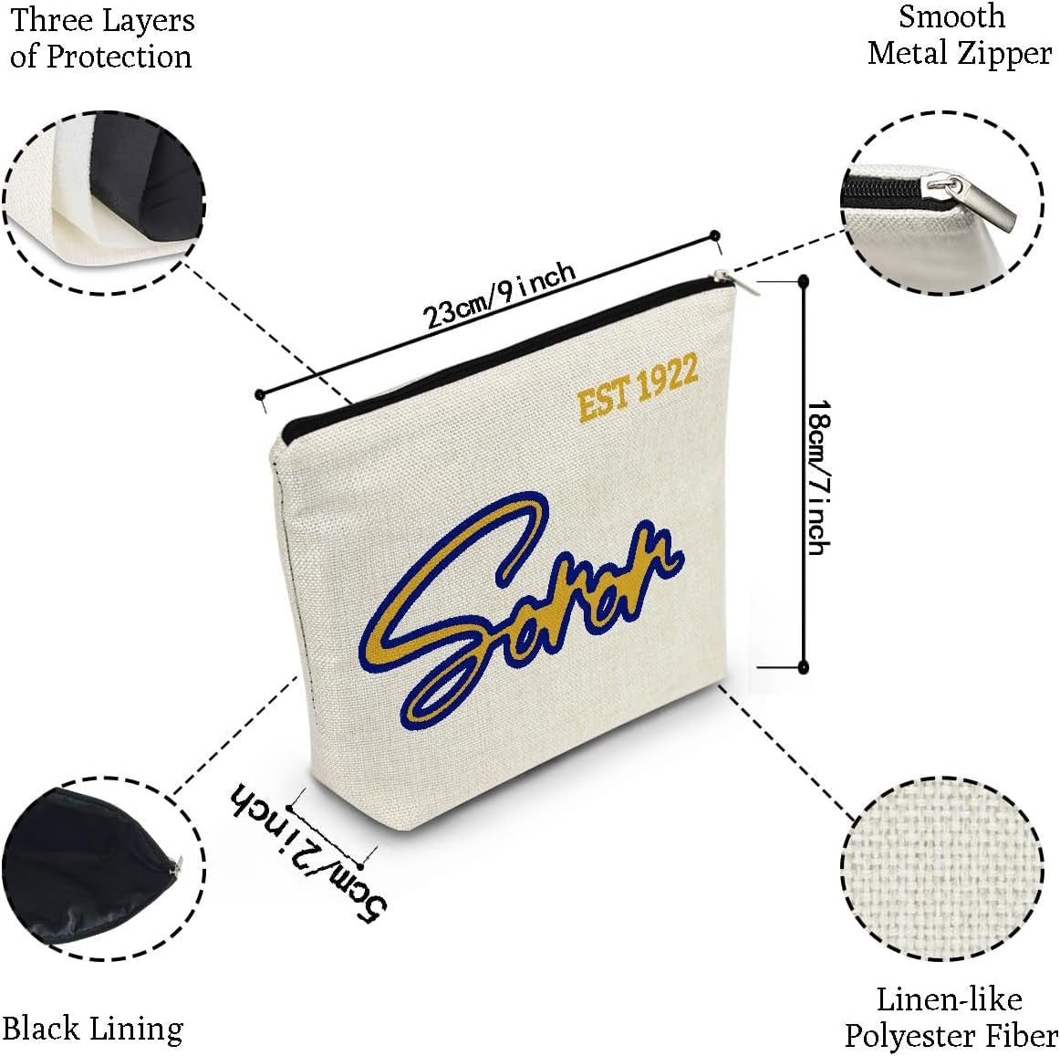 Sorority 1922 Presents Sisterhood Present Soror EST 1922 Canvas Makeup Bag Travel Toiletry Zipper Pouch Greek Sorority Present Sorority Paraphernalia Presents