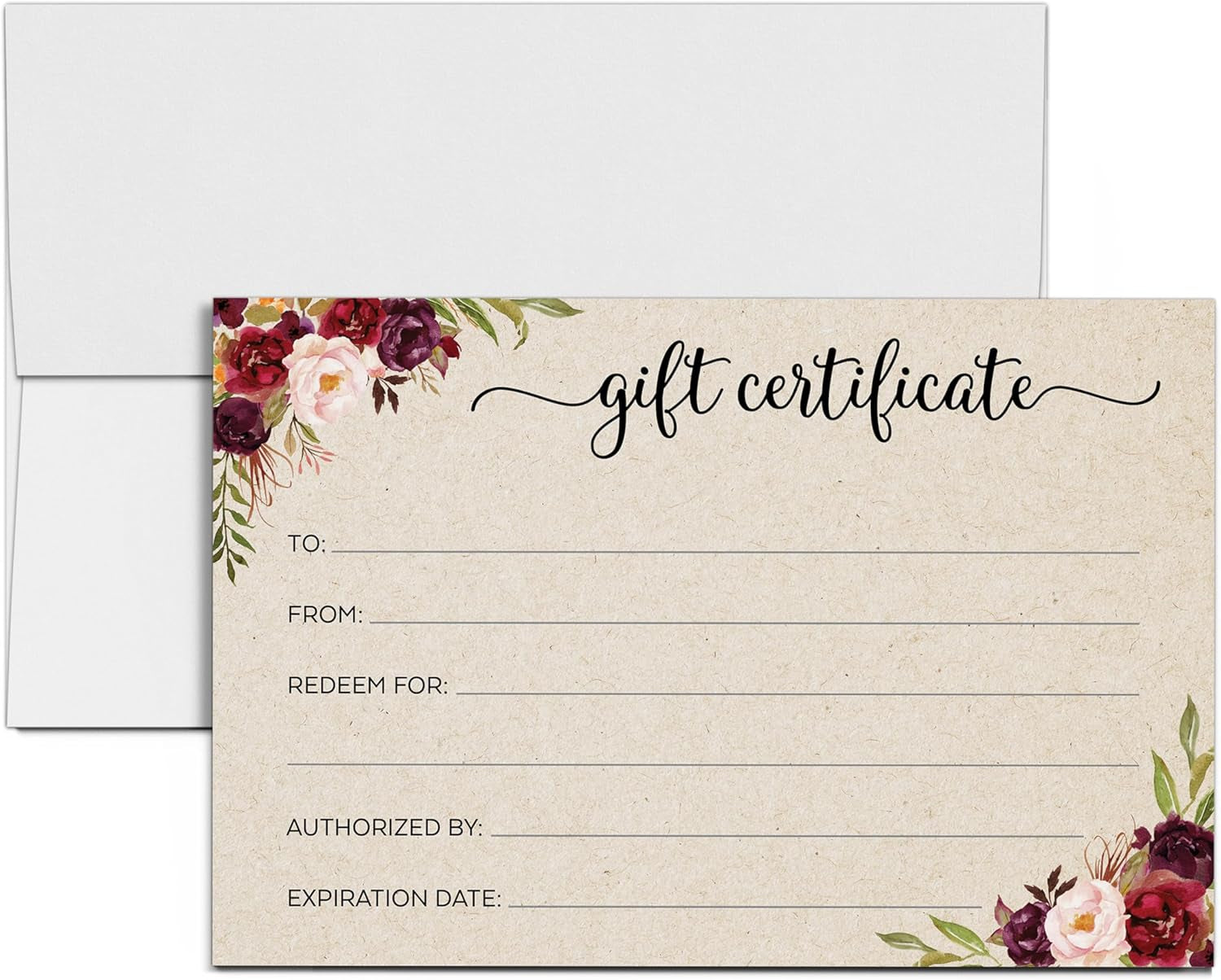 Blank Floral Gift Certificates with Envelopes, 4X6 Tan - Made in USA, Generic Fill-In Vouchers for Small Business, Spa, Salon, Birthday Coupon, Work Gift Cards - Set of 24
