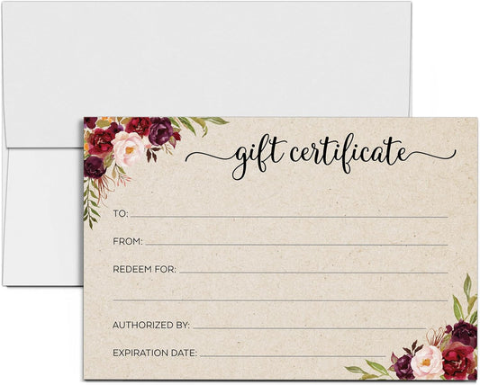 Blank Floral Gift Certificates with Envelopes, 4X6 Tan - Made in USA, Generic Fill-In Vouchers for Small Business, Spa, Salon, Birthday Coupon, Work Gift Cards - Set of 24