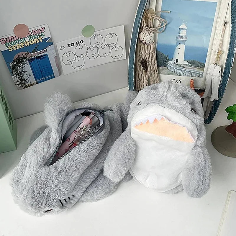 Cartoon Plush Shark Pen Bag Pencil Case Kawaii Doll Back to School Storage Bag Student Stationery School Supplies