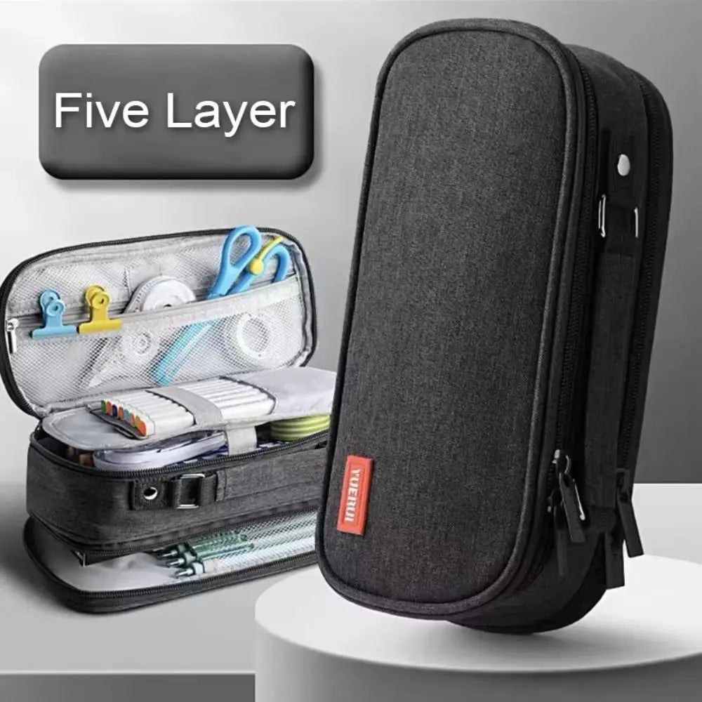 Portable Pen Storage Bag Large Capacity Durable Canvas Pencil Case 5 Layer Solid Color Student Stationery Boxes School Supplies
