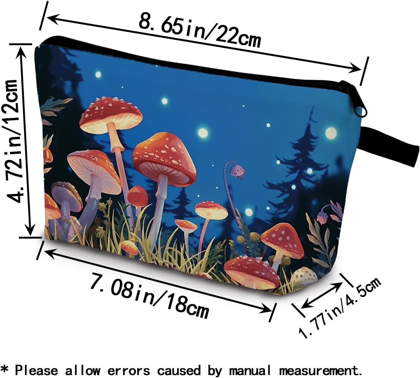 Fancy Mushroom Present Mushroom Makeup Bag Cute Small Organizer Bag with Zipper Night Red Mushroom Toiletry Cosmetic Bag Birthday Presents for Mushroom Lovers Women Friends