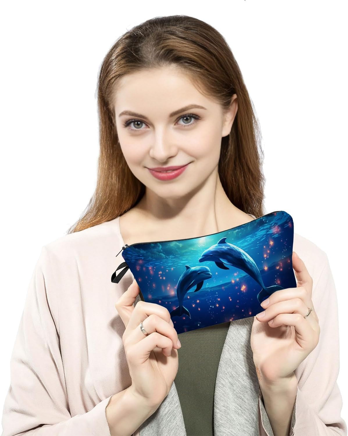 Dolphin Gift Blue Dolphin Makeup Bag Cute Small Organizer Bag with Zipper Lovely Dolphins Cosmetic Bag Birthday Gifts for Dolphin Lovers Women Sisters Friends
