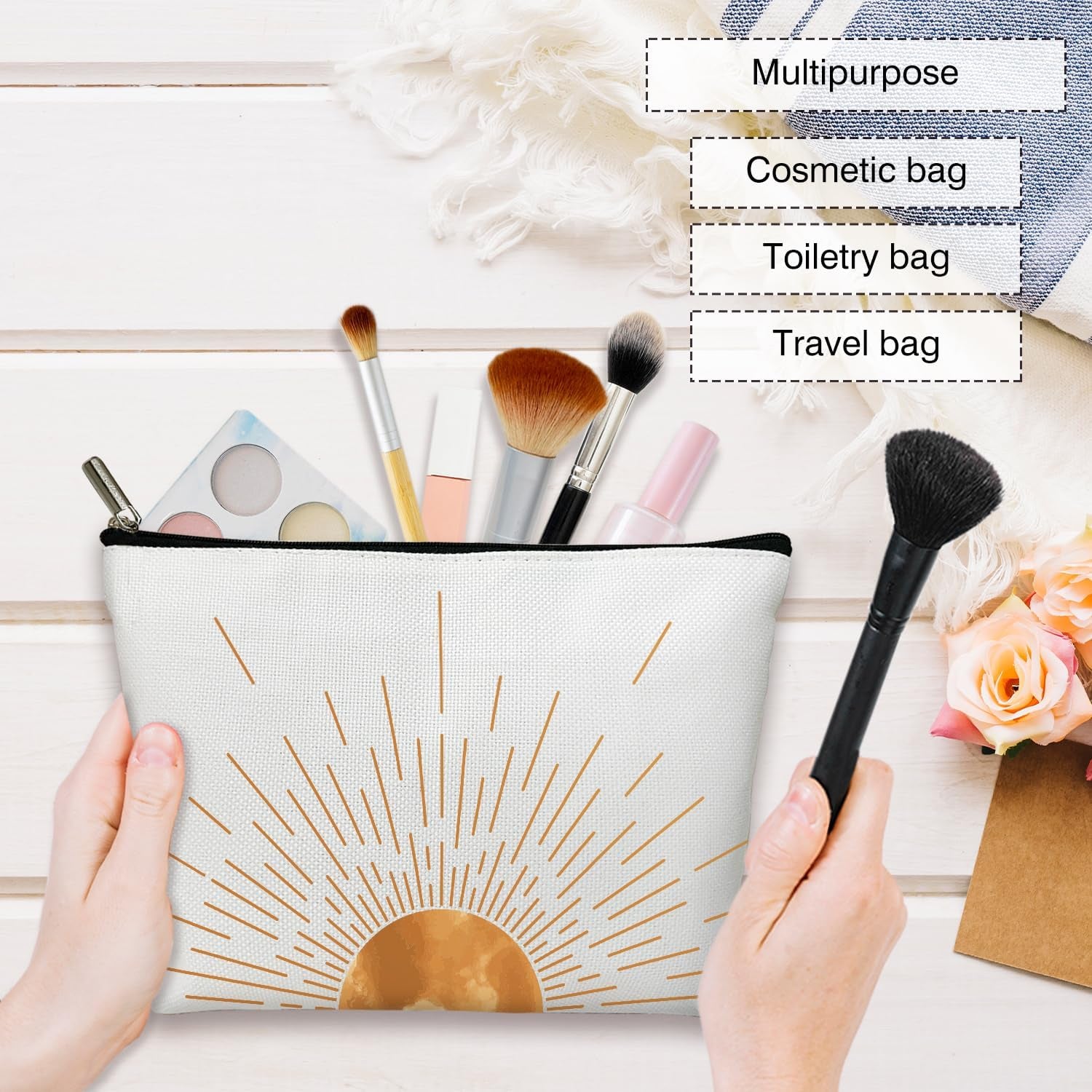 Boho Sunset Sunshine Makeup Bag Purse - Sunrise Sun Ray Toiletry Pouch - Gift for Her, Teen, Mom