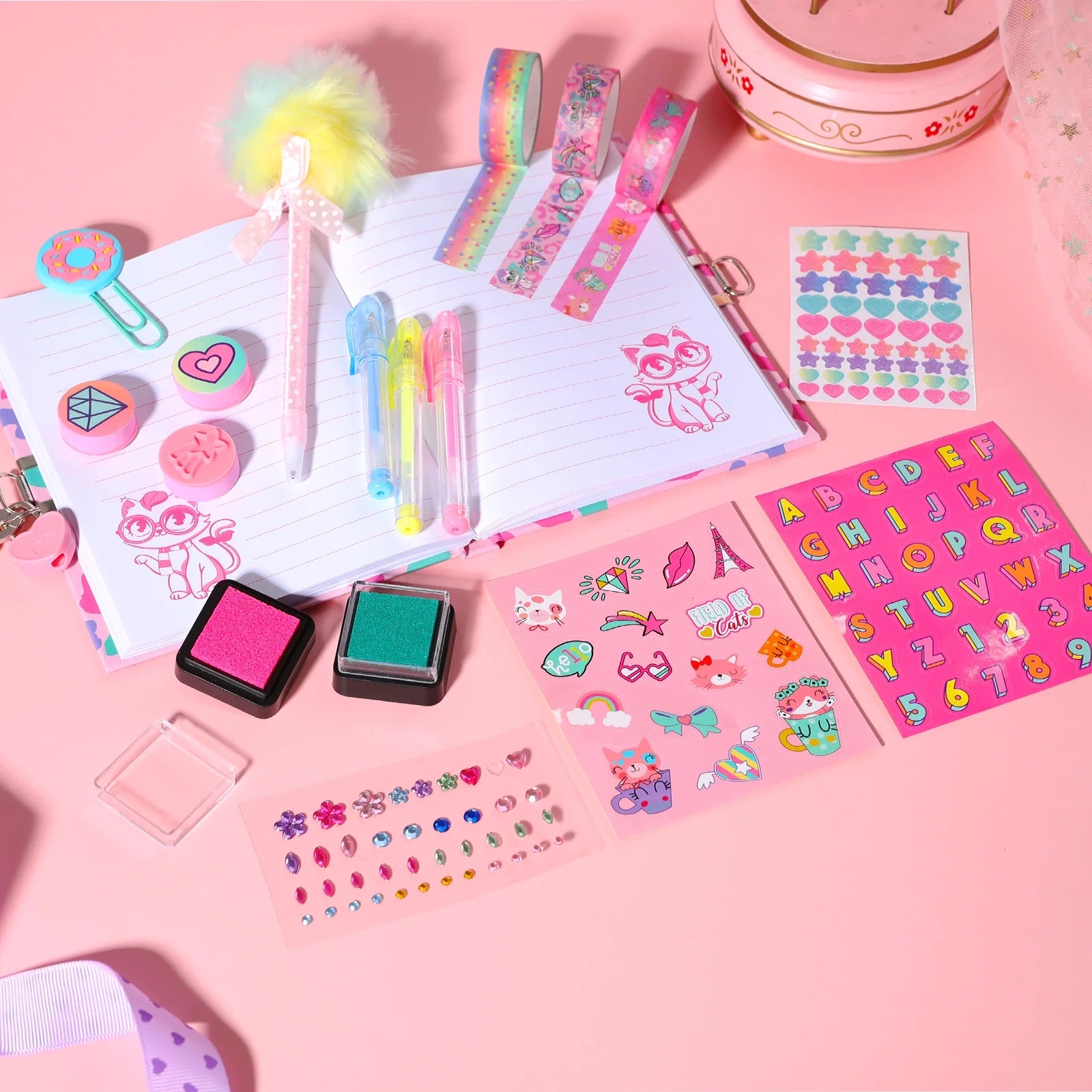 Cat Diary Set with Lock and Keys, Kitten Stationery Set with Stamps Stickers Pens Notebook Journal Kit Gift for Easter