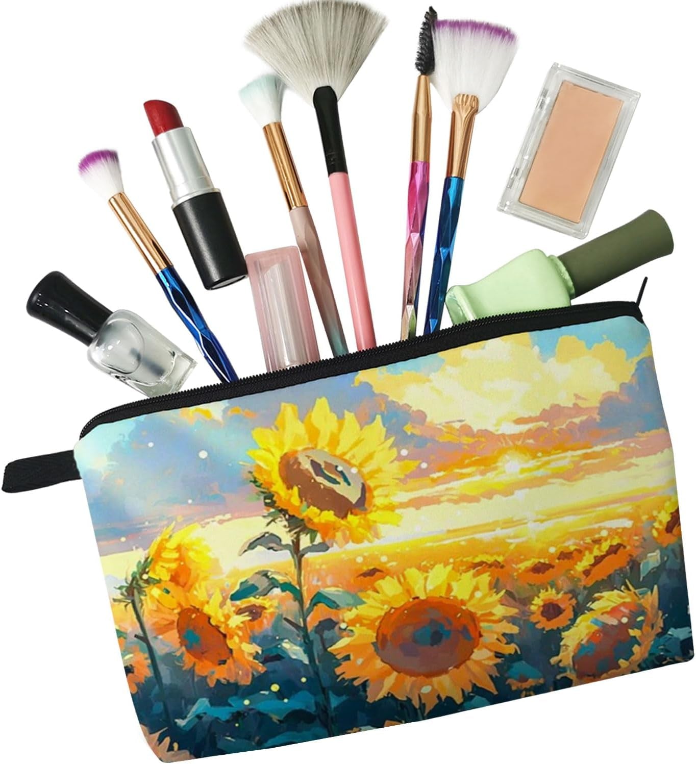 Sunflower Pattern Present Sunflower Field Makeup Bag Cute Small Organizer Zipper Pouch Sunflower Print Cosmetic Bag Birthday Present for Sunflower Lovers Women Friends
