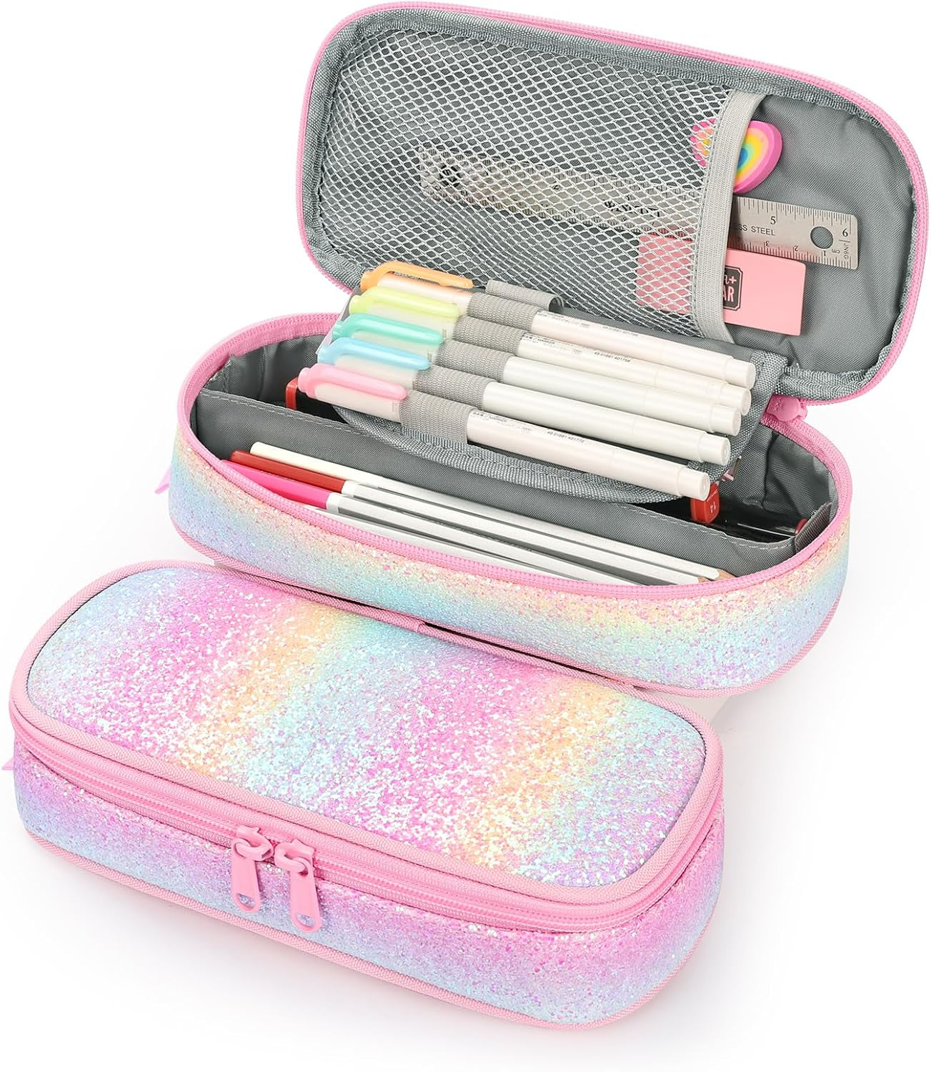 Girls Pencil Case for Kids, Multi-Slot Pencil Pouch, Pink Blue Rainbow