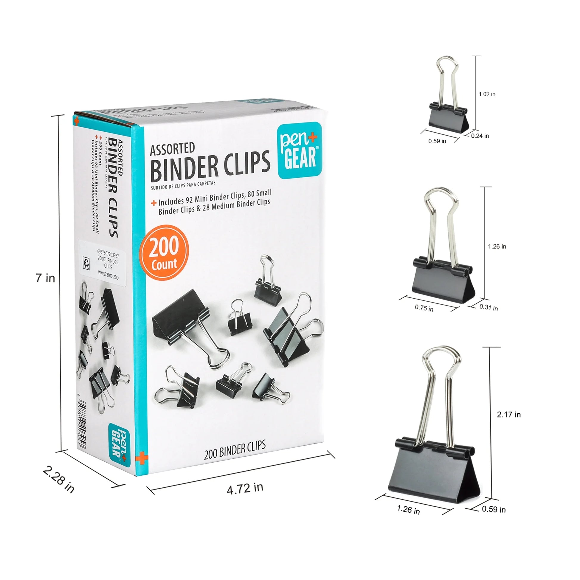Pen + Gear Metal Binder Clips, Assorted Sizes, 200 Count, Black