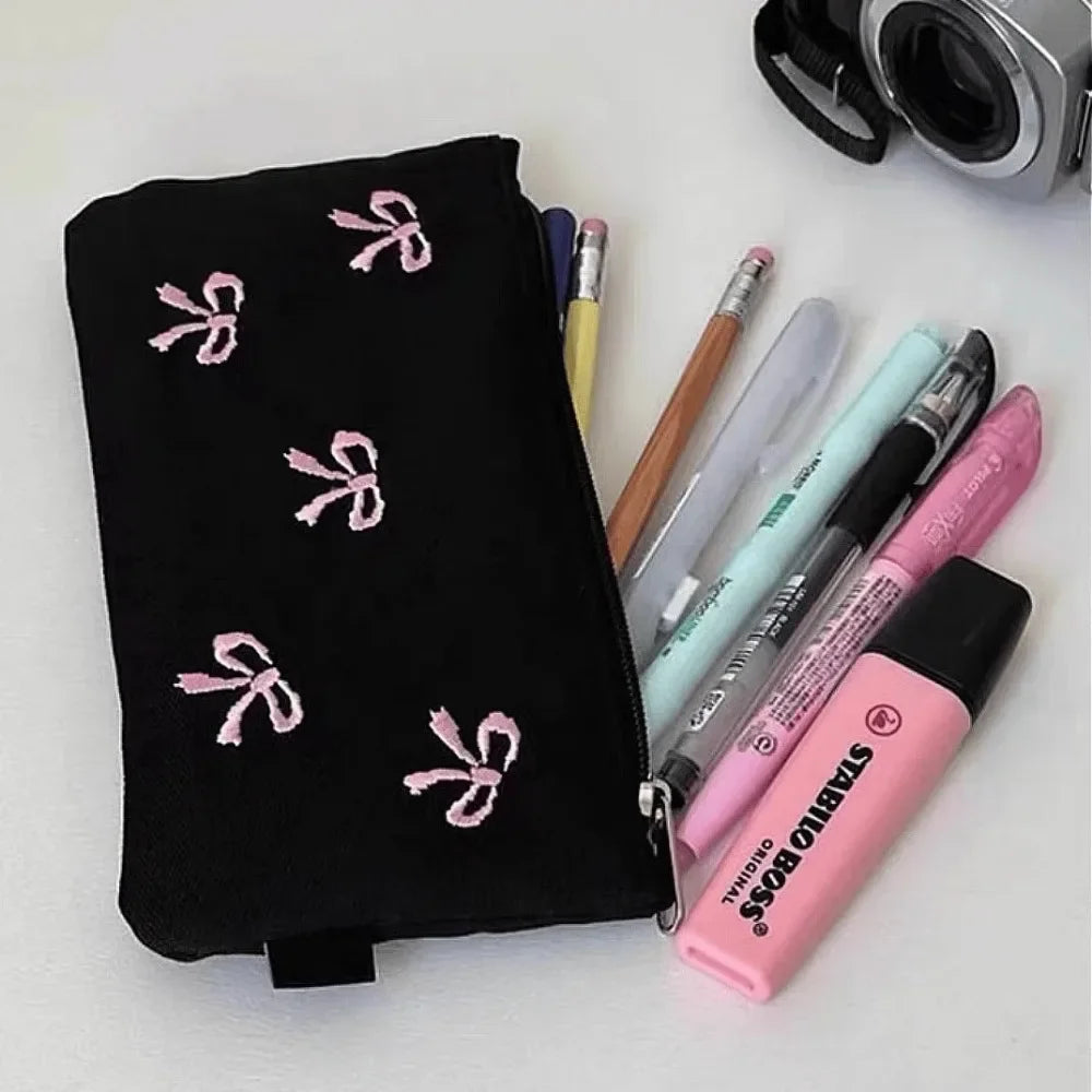 1PC Black Canvas Pen Bags Girl Heart Embroidered Bow Pencil Case Stationery Bag Cosmetics Storage Bag Pencil Case