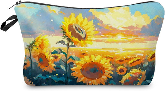 Sunflower Pattern Present Sunflower Field Makeup Bag Cute Small Organizer Zipper Pouch Sunflower Print Cosmetic Bag Birthday Present for Sunflower Lovers Women Friends