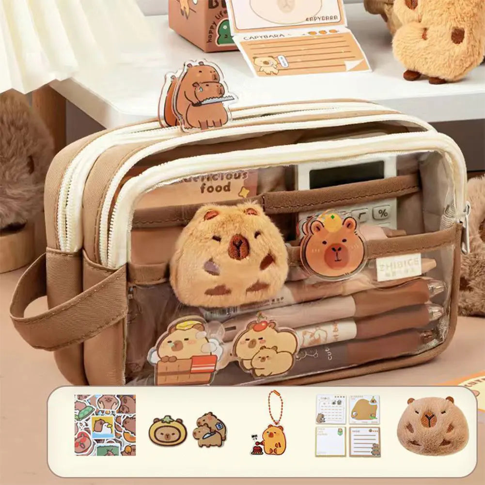 Capybara Kawaii Pencil Case with Compartments Stationary Bag Clear Pen Bag with Sticker Pendant for Office College School