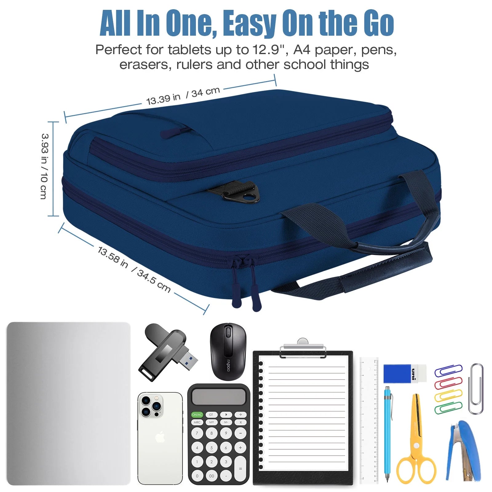 Zipper Binder, 2 Inch 3 Ring 500 Sheet Capacity Multi-Pockets Binder Organizer with Strap Handle, Indigo