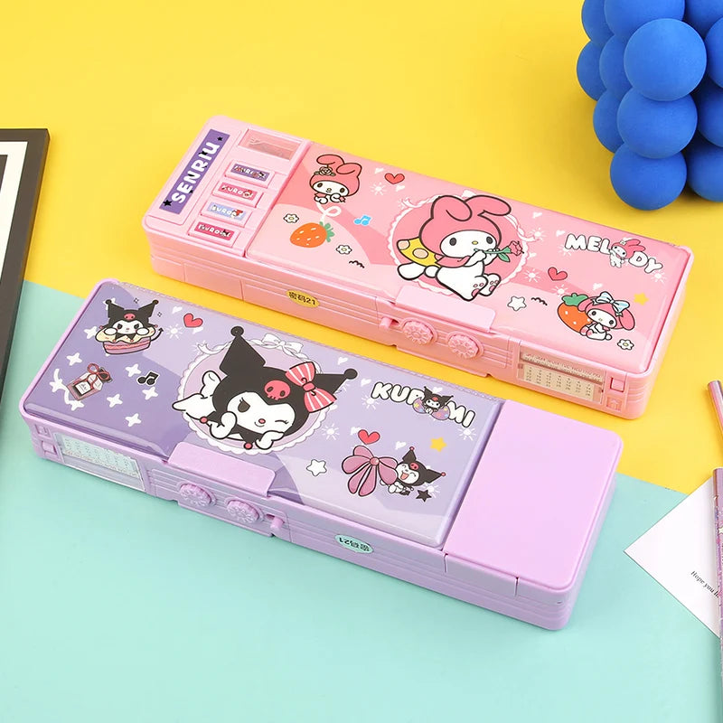 New  Stationery Box Kuromi Melody Stationery Box Password Lock Multi Functional Large Capacity Pencil Box Children'S Gift