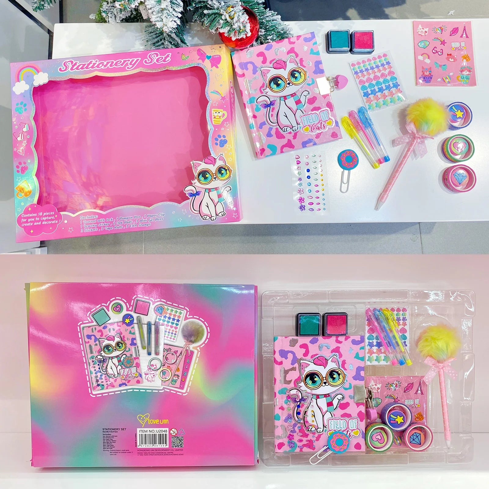 Cat Diary Set with Lock and Keys, Kitten Stationery Set with Stamps Stickers Pens Notebook Journal Kit Gift for Easter