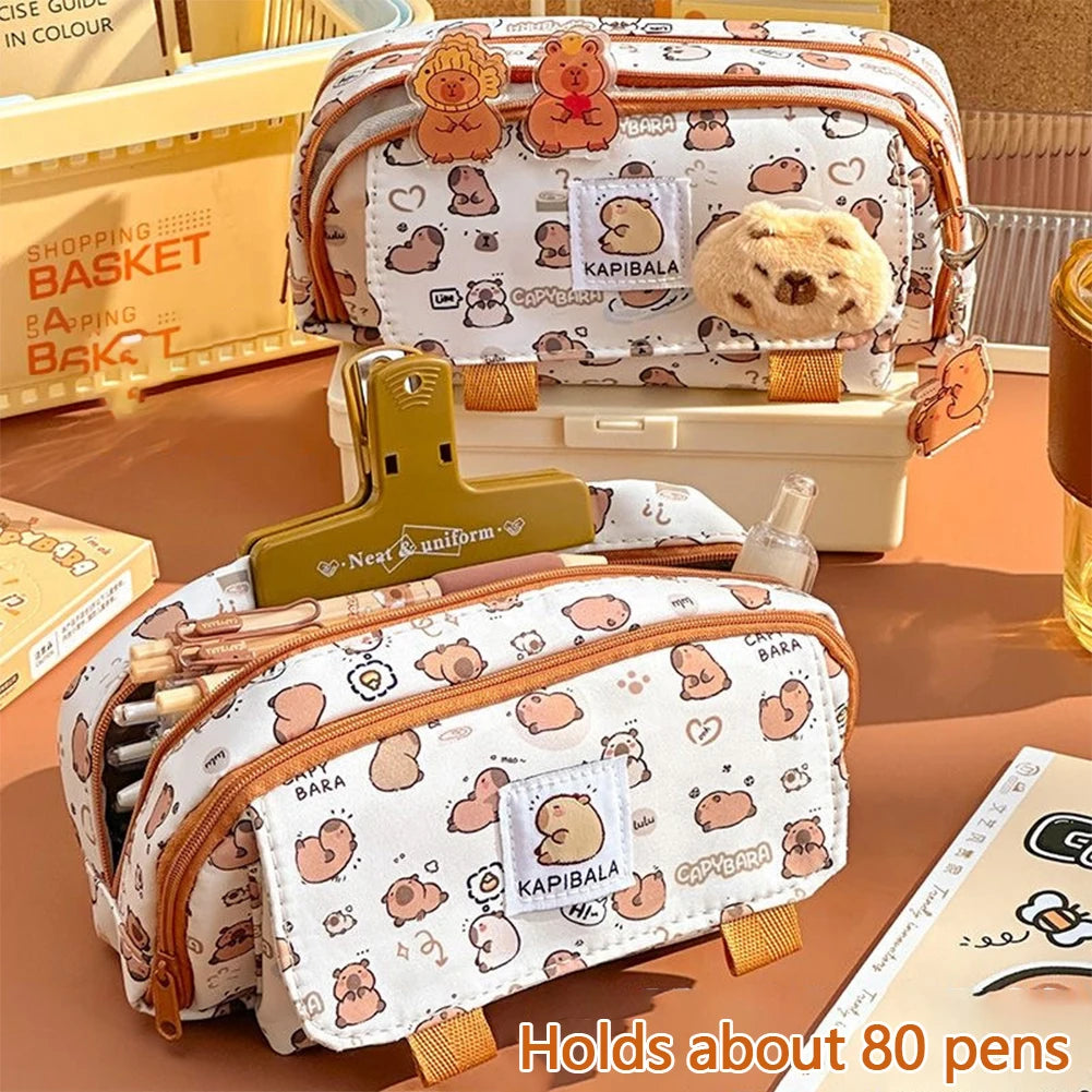 Cute Capybara Four-Layer Pen Bag Cartoon Large Capacity Pencil Case Stationery Organizer Storage Bag Students Stationeries