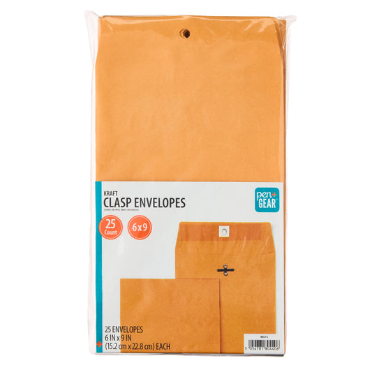 Kraft Clasp Envelopes, 6 in X 9 In, 25 Count