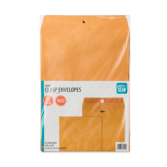 Kraft Clasp Envelopes, 9 in X 12 In, 25 Count