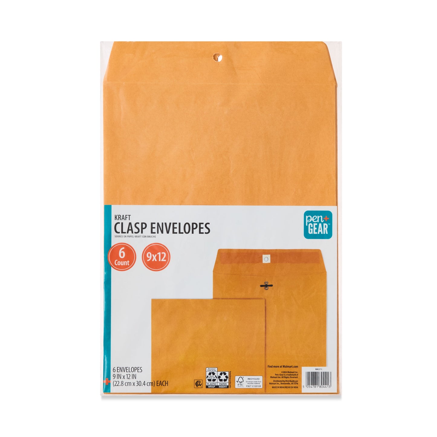 Kraft Clasp Envelopes, 9 in X 12 In, 6 Count