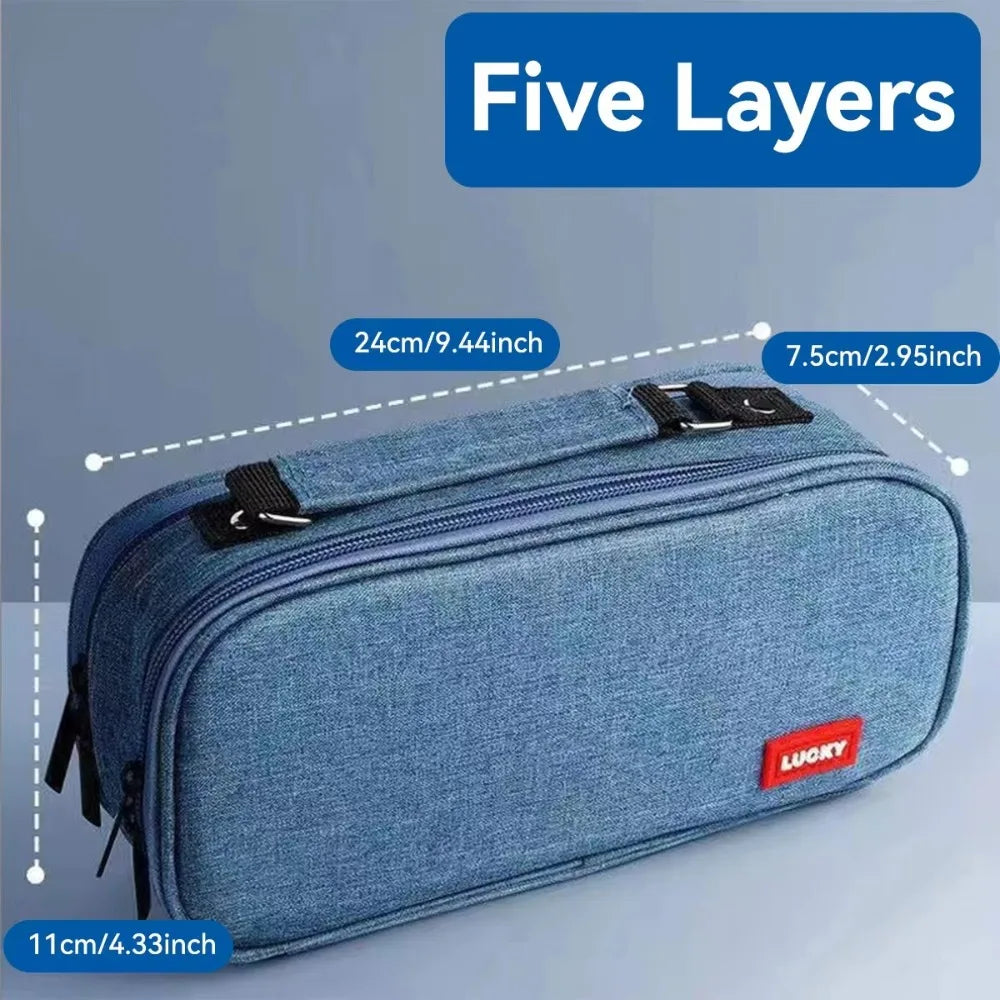 Portable Pen Storage Bag Large Capacity Durable Canvas Pencil Case 5 Layer Solid Color Student Stationery Boxes School Supplies