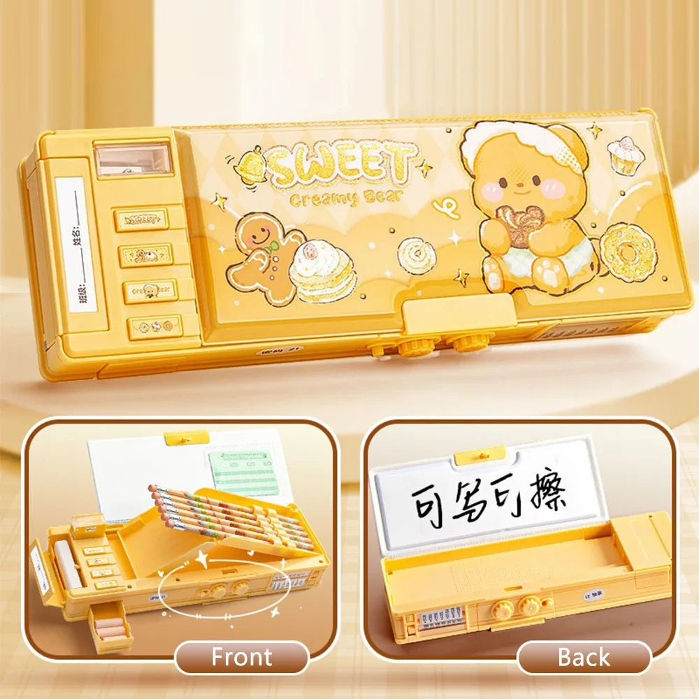 Cartoon Double Layer Pencil Case Large Capacity with Combination Lock Stationery Box Stationery Organizer Back to School Gift