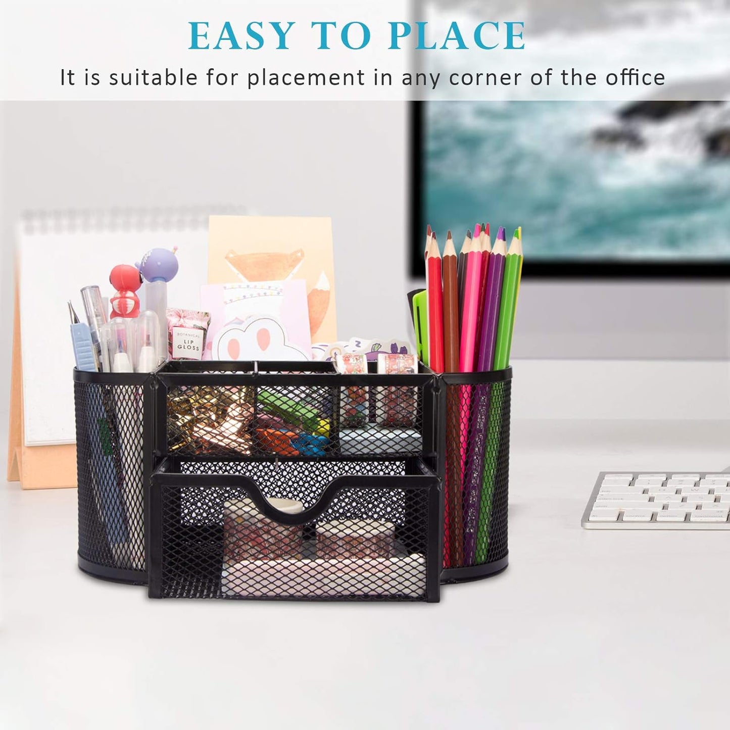 Mesh Desk Organizer with 9 Compartments, Office Desktop Organizer with Drawer, Metal Stationary Organizer, Desk Caddy for Office Accessories (Rose Red)