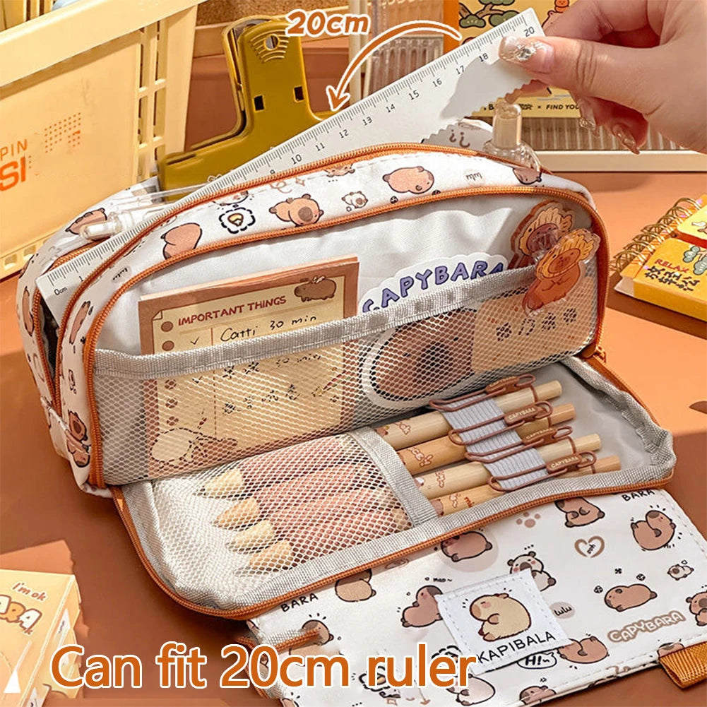 Cute Capybara Four-Layer Pen Bag Cartoon Large Capacity Pencil Case Stationery Organizer Storage Bag Students Stationeries