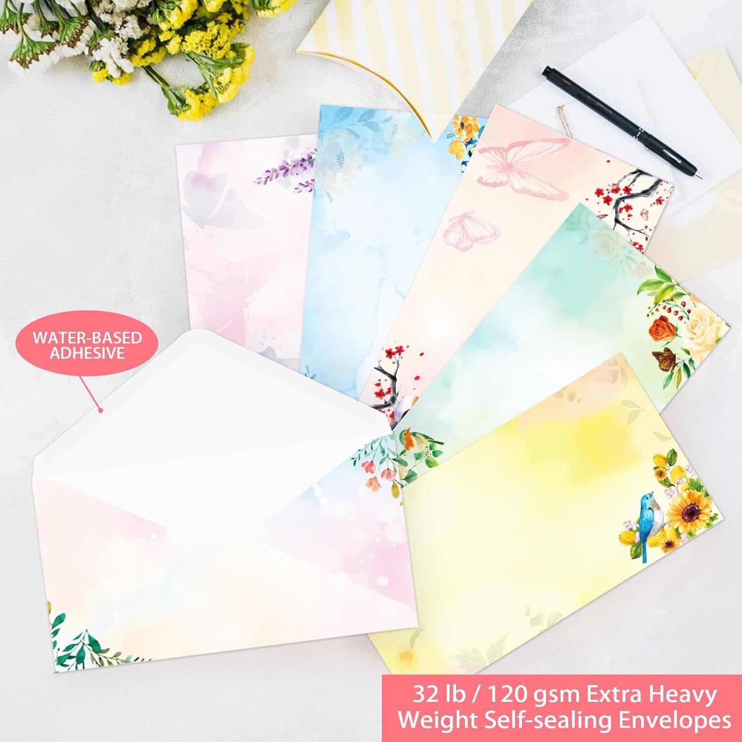 Lined Stationary Paper and Envelopes Set Floral Bird Watercolor Stationary Set W